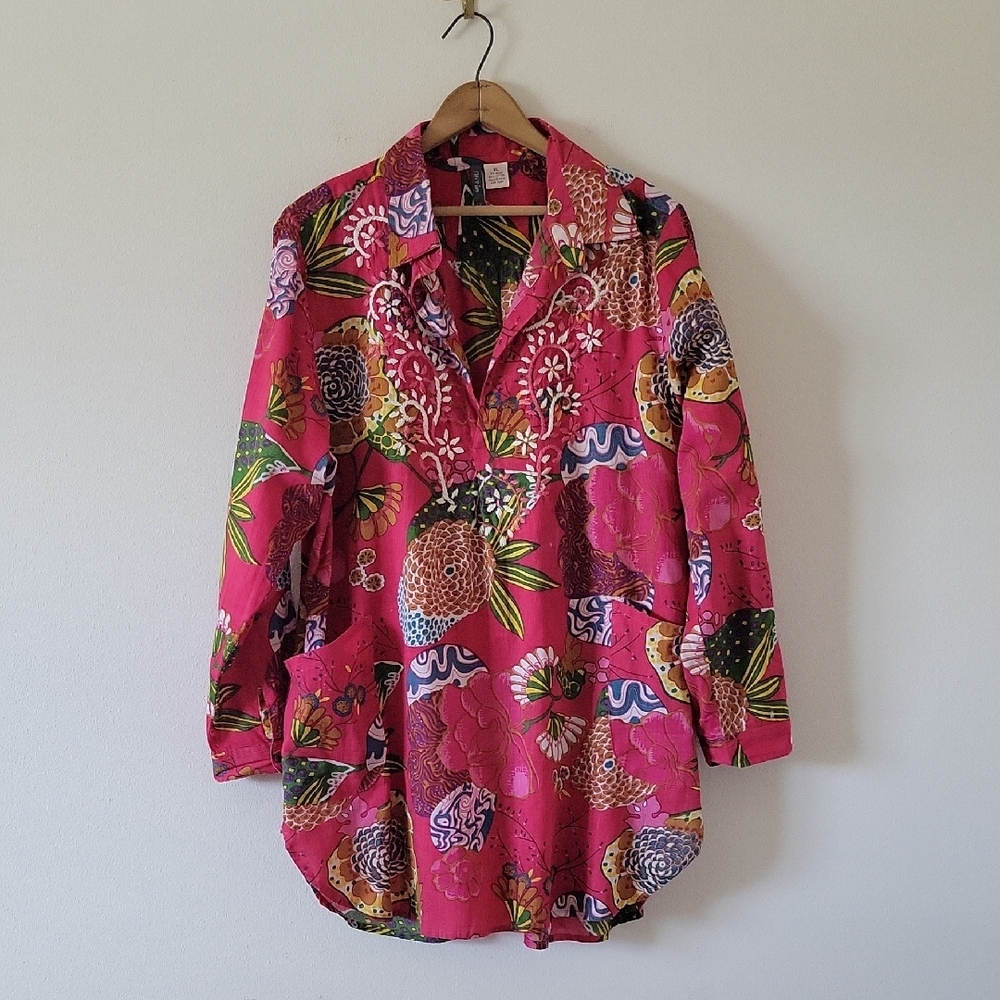 ANU Fuchsia Pink Embroidred Floral Tunic‎ Size XL